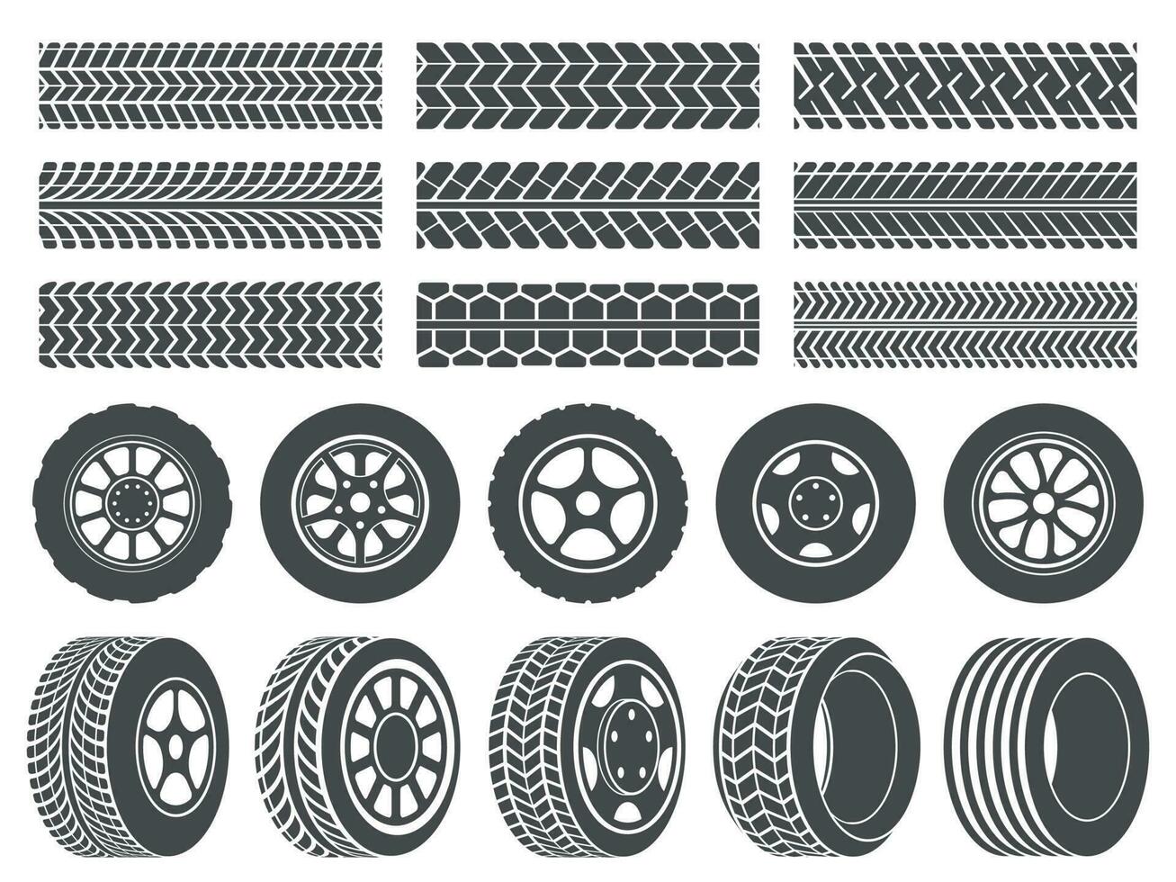 roue pneus. voiture pneu bande de roulement des pistes, moto courses roues Icônes et sale pneus Piste vecteur illustration ensemble