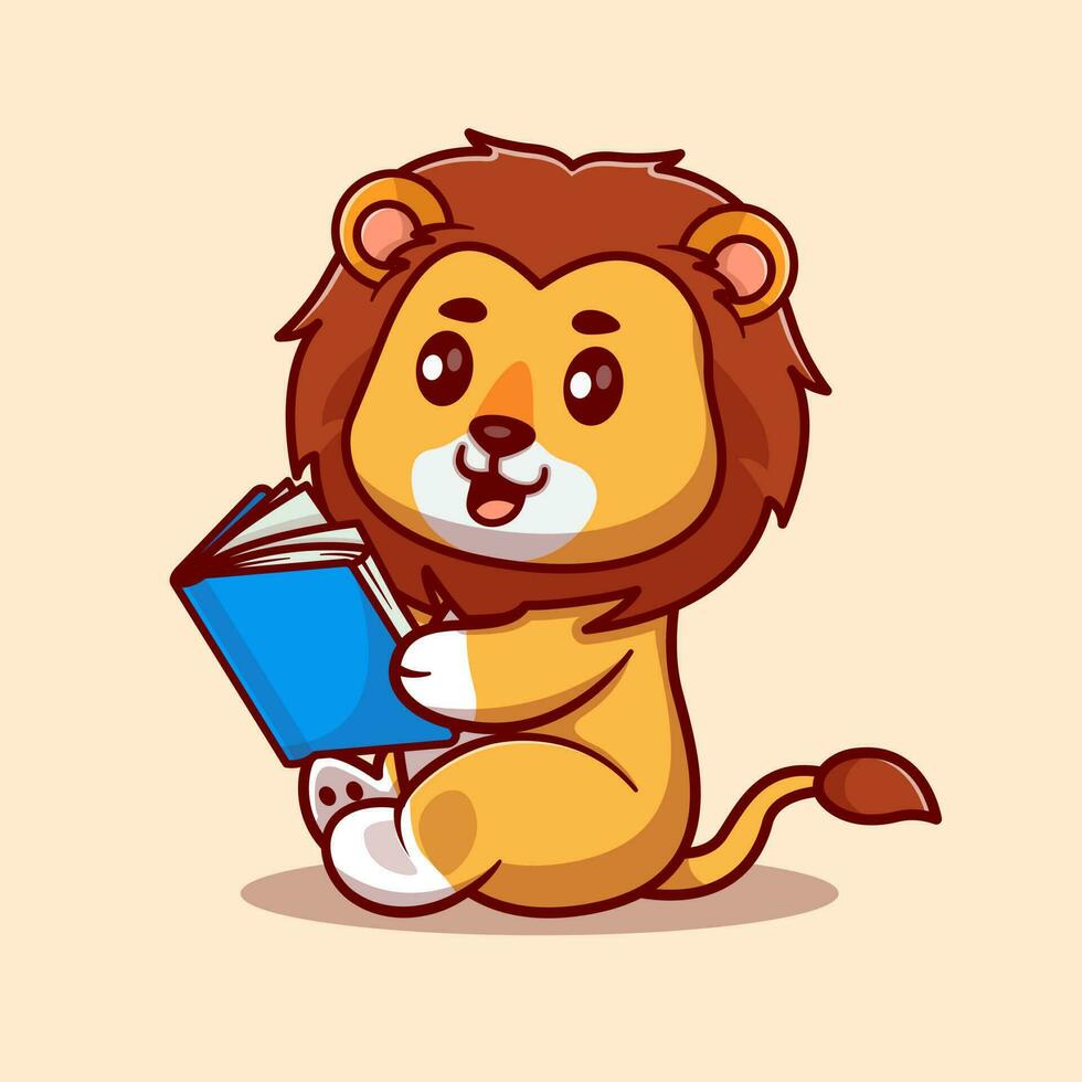 mignonne Lion en train de lire livre dessin animé . animal éducation icône concept isolé . plat dessin animé style. vecteur