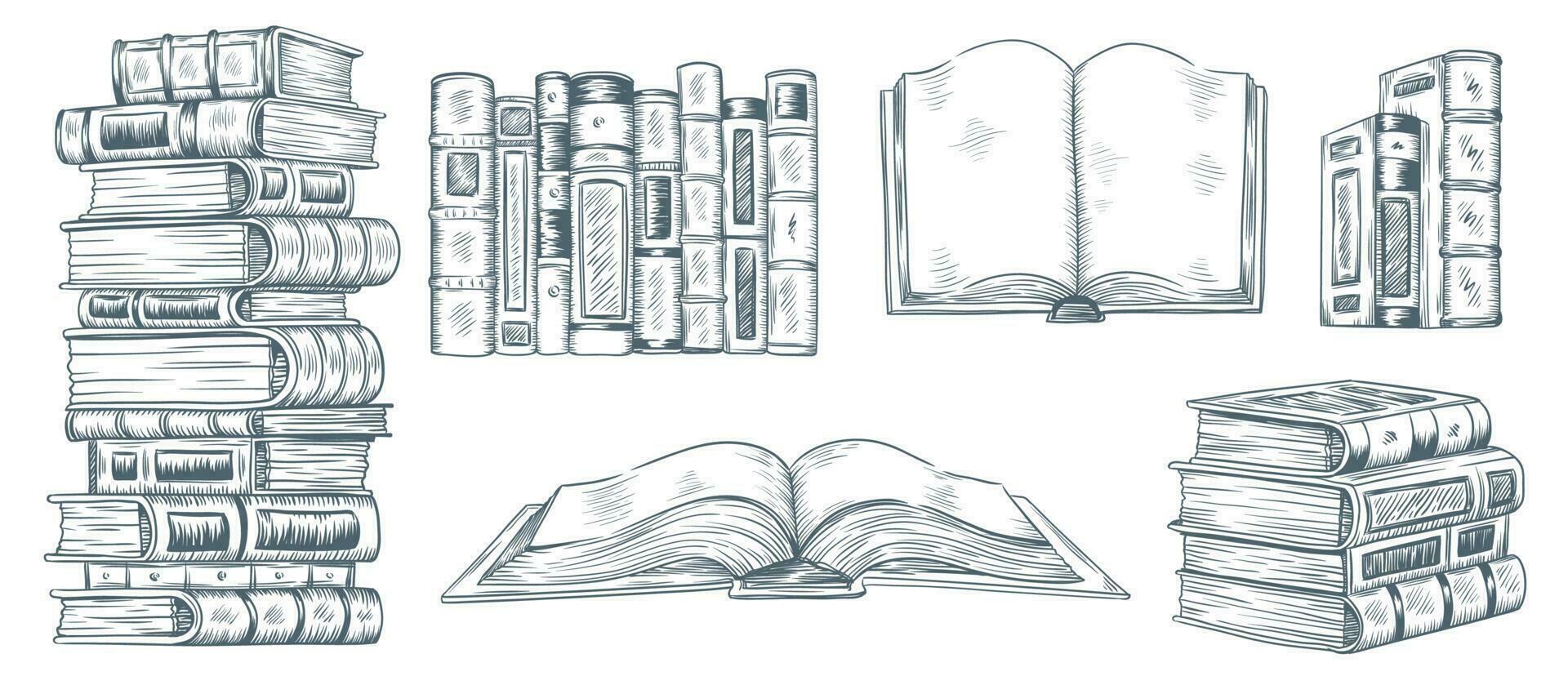 main dessin livres. tiré esquisser de littérature. école ou Université élèves bibliothèque livre illustration vecteur collection