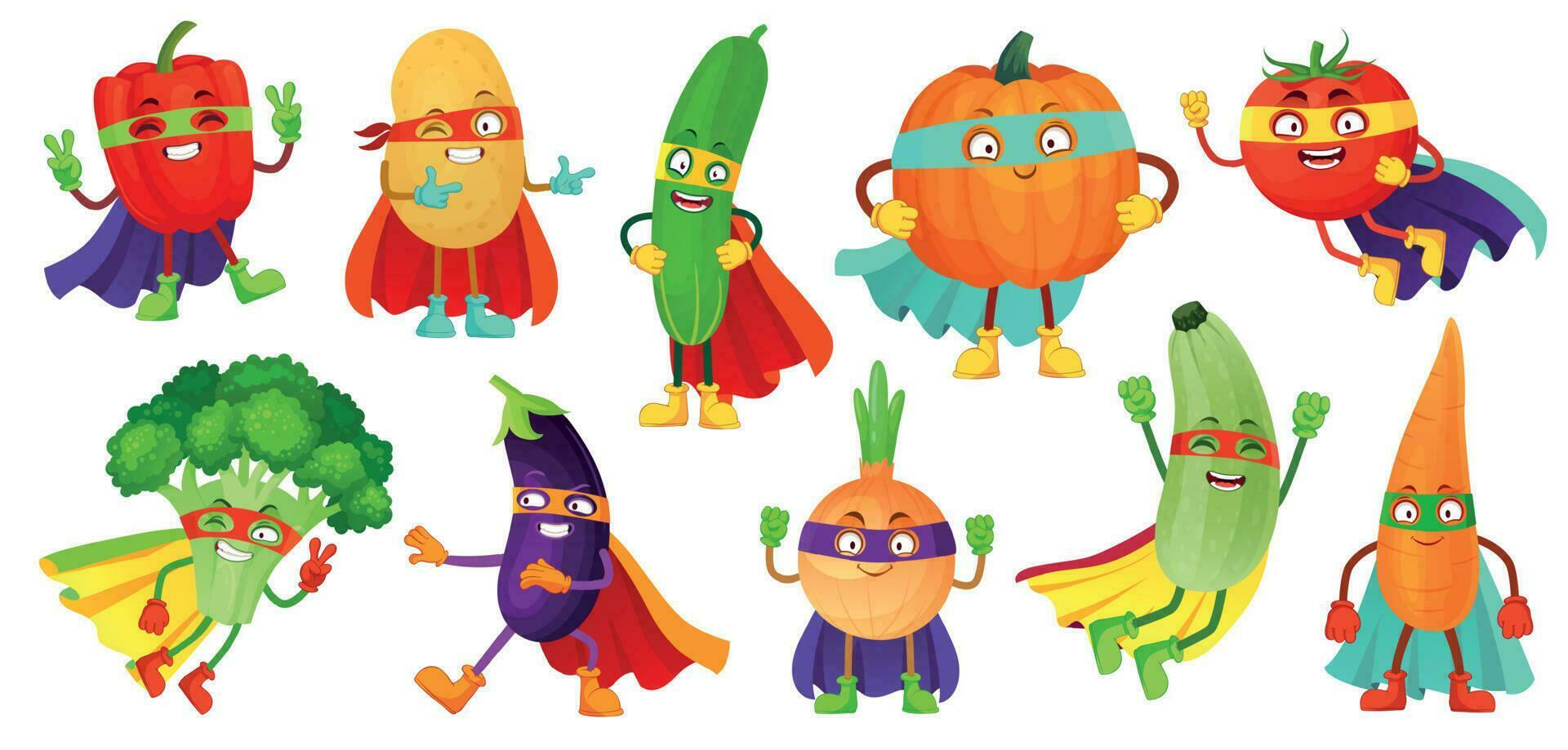 super-héros des légumes. super concombre, héros masque sur citrouille et légume nourriture avec super héros manteau dessin animé vecteur illustration ensemble