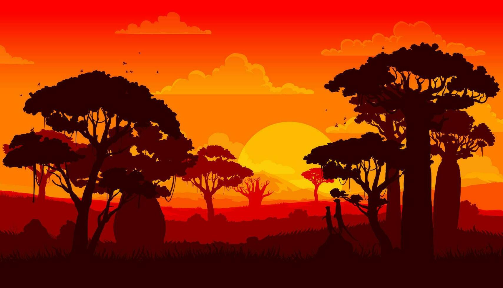 africain savane le coucher du soleil paysage silhouettes vecteur