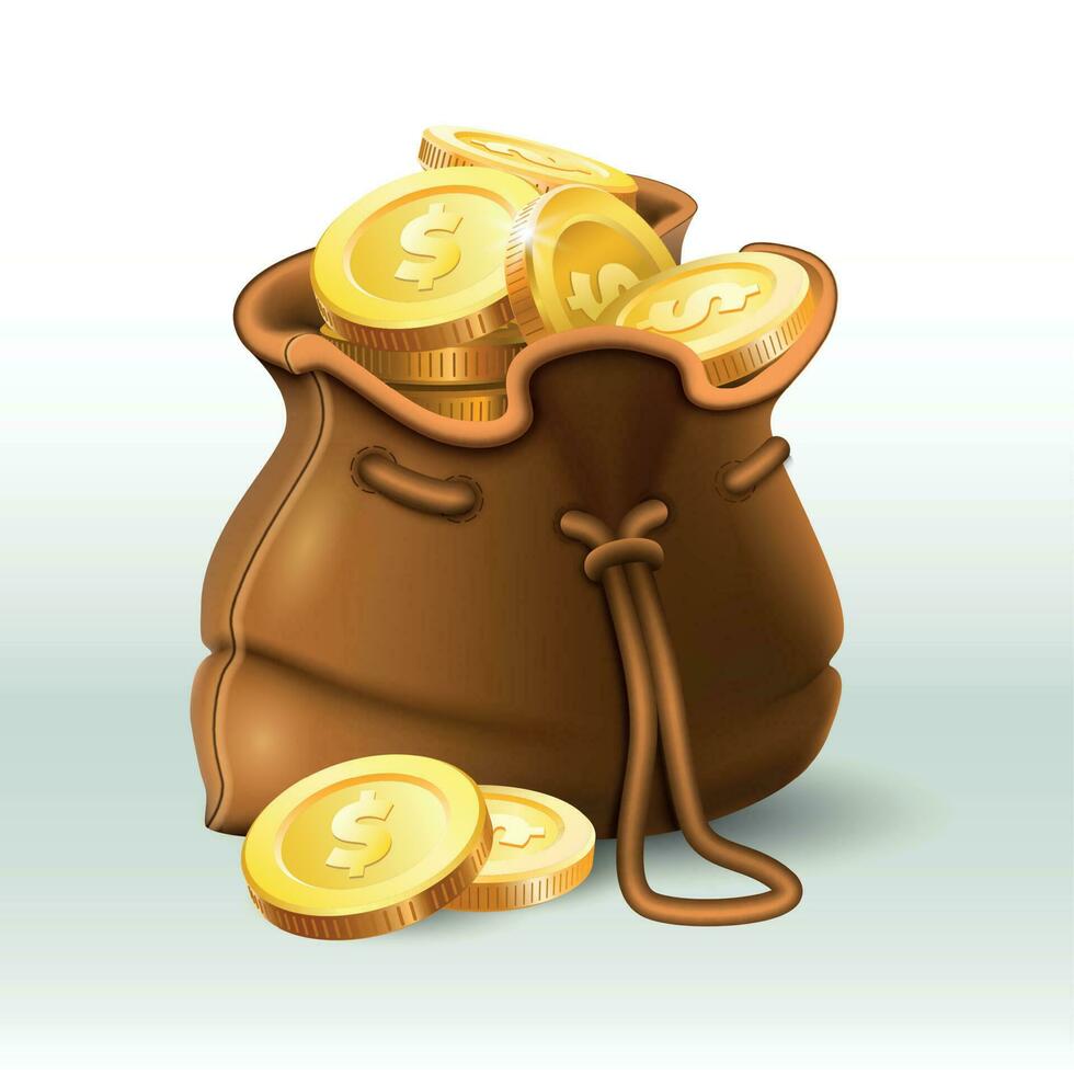 d'or pièces de monnaie sac. or pièce de monnaie dans vieux antique sac, économie argent bourse et or richesse 3d réaliste vecteur illustration