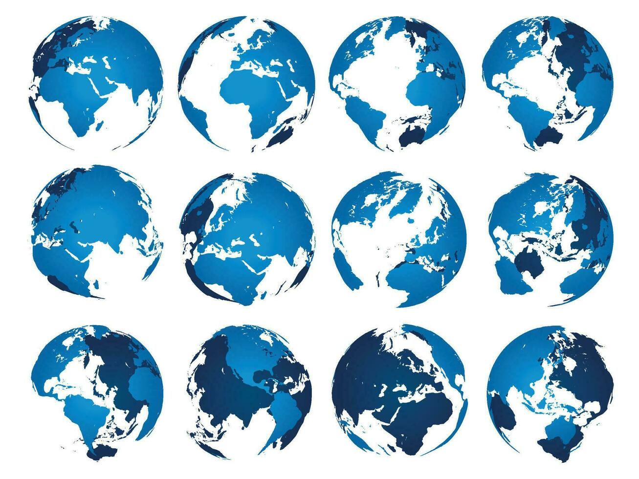 bleu Terre globe. globes sphère silhouette, L'Europe  Asie et Amérique Plans. Terre carte isolé 3d vecteur ensemble