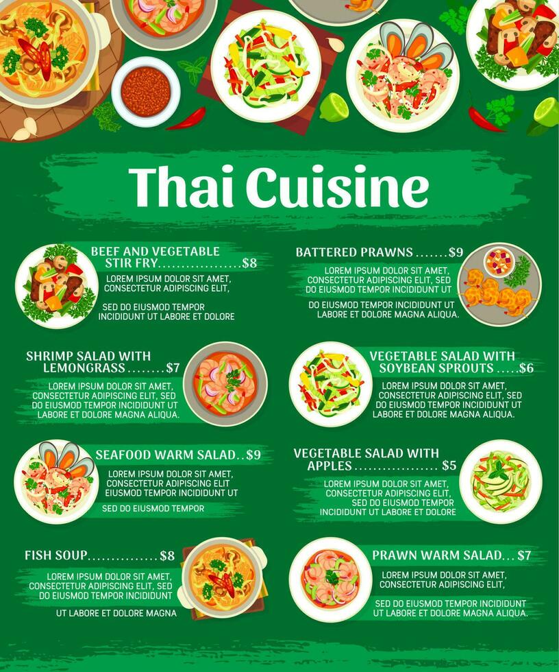 thaïlandais cuisine restaurant menu vecteur modèle