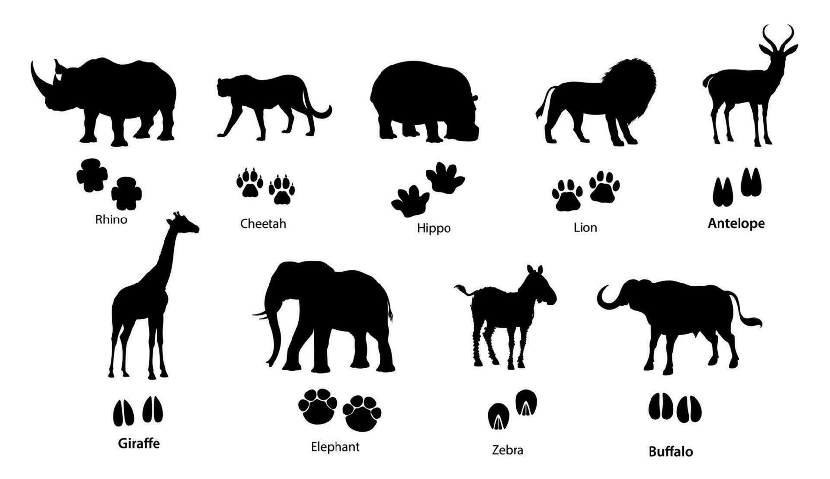 africain animal silhouettes avec empreintes vecteur