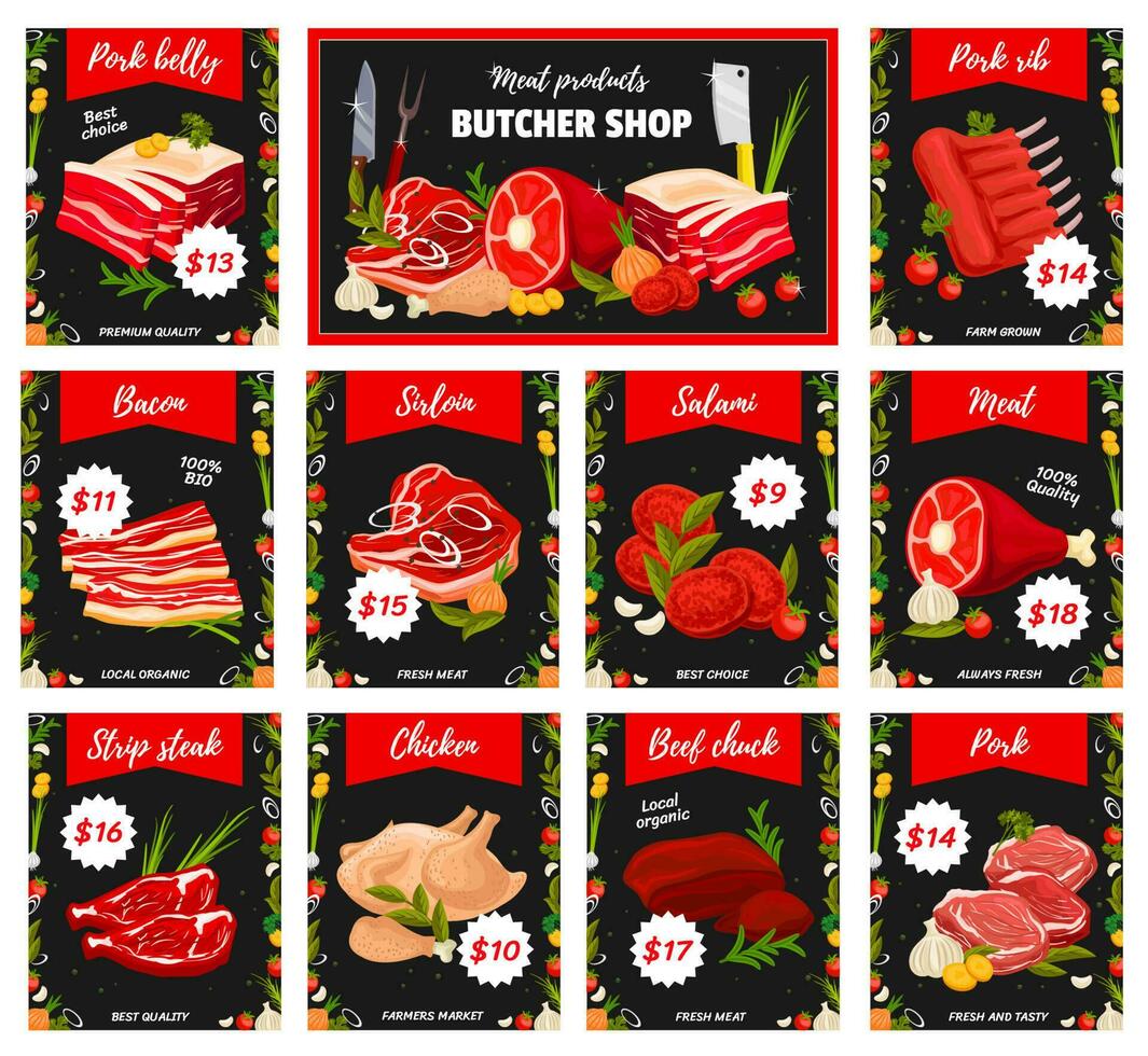 Viande et filet les types, boucherie magasin des produits vecteur