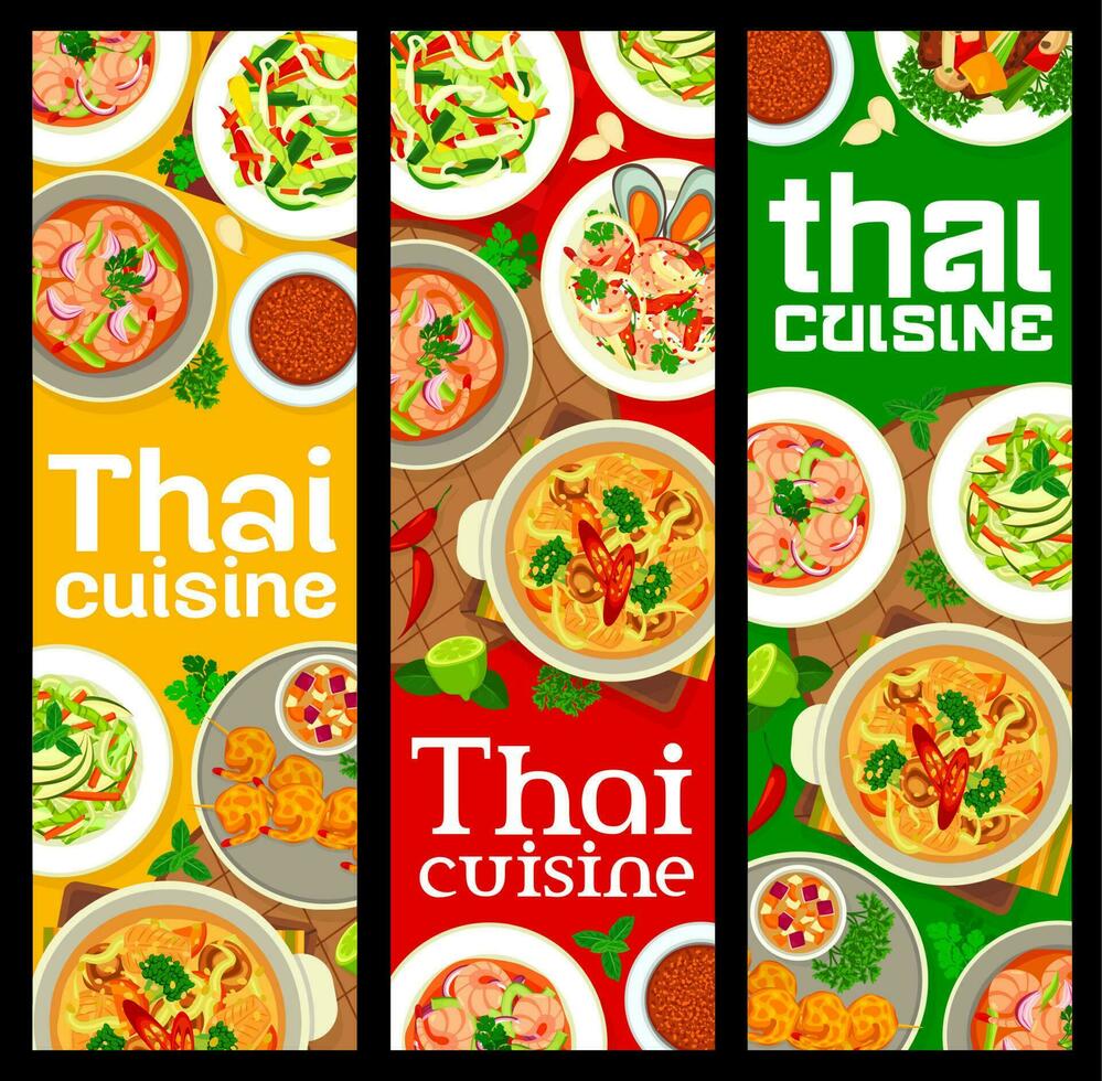 thaïlandais cuisine restaurant repas et vaisselle bannières vecteur