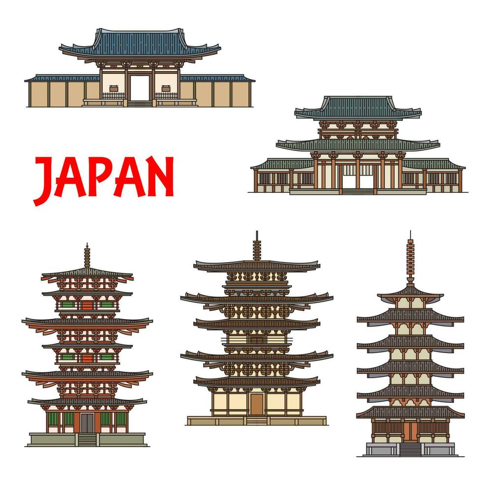 Japonais les temples sanctuaires et pagodes, Ikaruga nara vecteur
