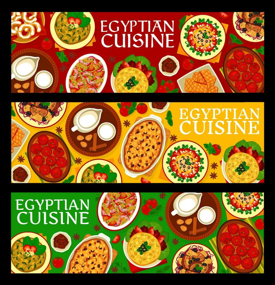 égyptien cuisine nourriture bannières, vaisselle et repas vecteur