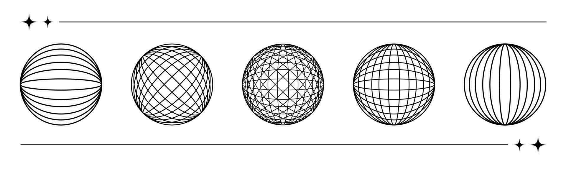 branché ensemble de y2k rétro futurisme éléments, sphères et globes, 3d filaire des modèles, dimensionnel graphique conception formes. vecteur