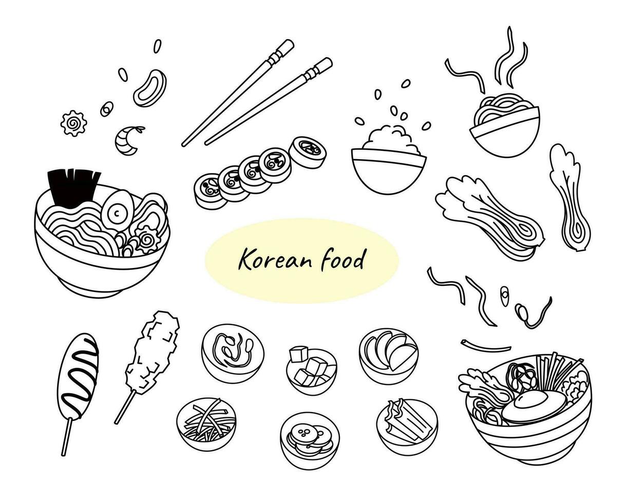 coréen nourriture ensemble noir et blanc griffonnage illustration sur blanc Contexte. traditionnel repas collection ramens, Bibimbap, riz, Kimchi, rue nourriture et collations. vecteur