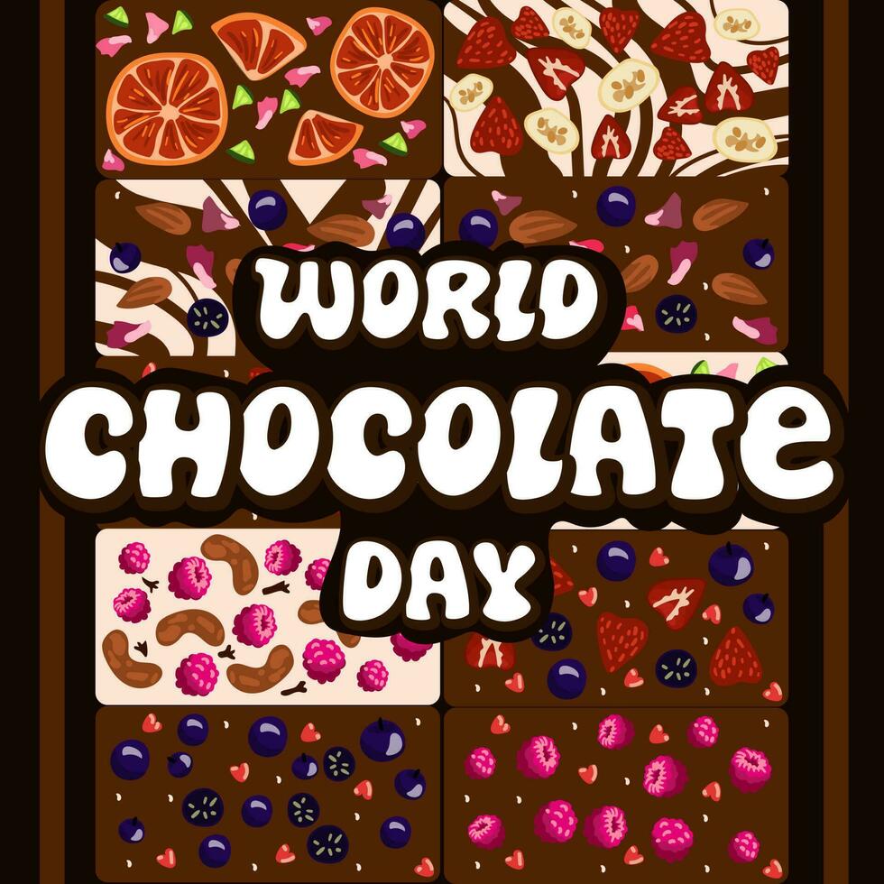 vecteur illustration pour le monde Chocolat journée. le une inscription sur le Contexte de différent les types de Fait main Chocolat. juillet 11. un idée pour une affiche, bannière, brochure, carte postale. promotionnel