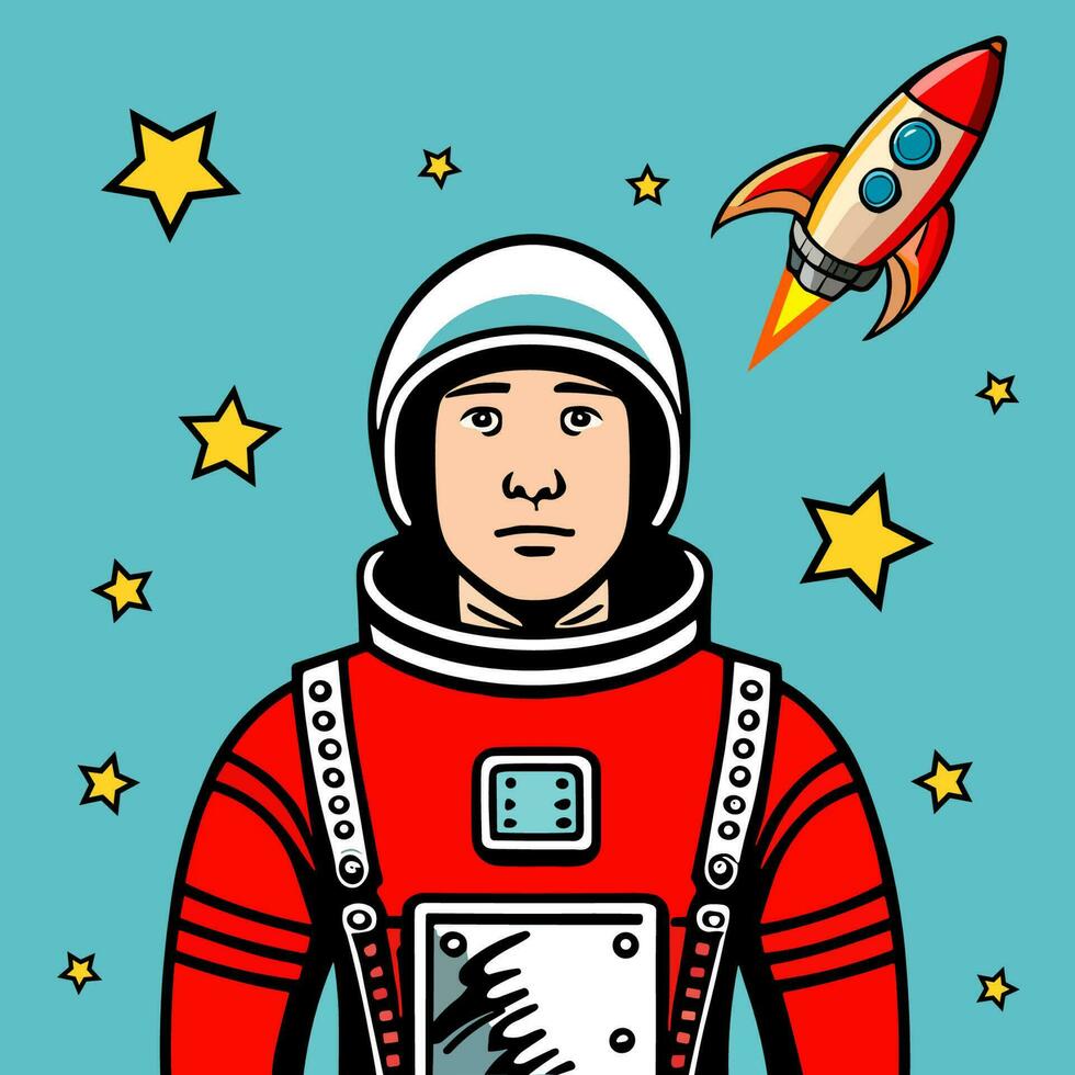 vecteur illustration de une homme dans une espace costume avec étoiles et fusée sur le Contexte.