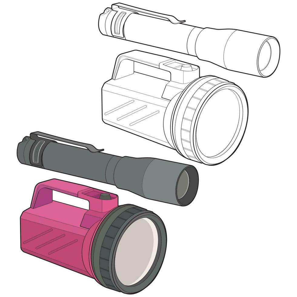 lampe de poche de lumière vecteur plat ensemble icône. lampe de poche éclairage avec projecteur ou éclair. illustration ensemble de clignotant lumière lanterne isolé sur noir Contexte. vecteur illustration, eps dix.