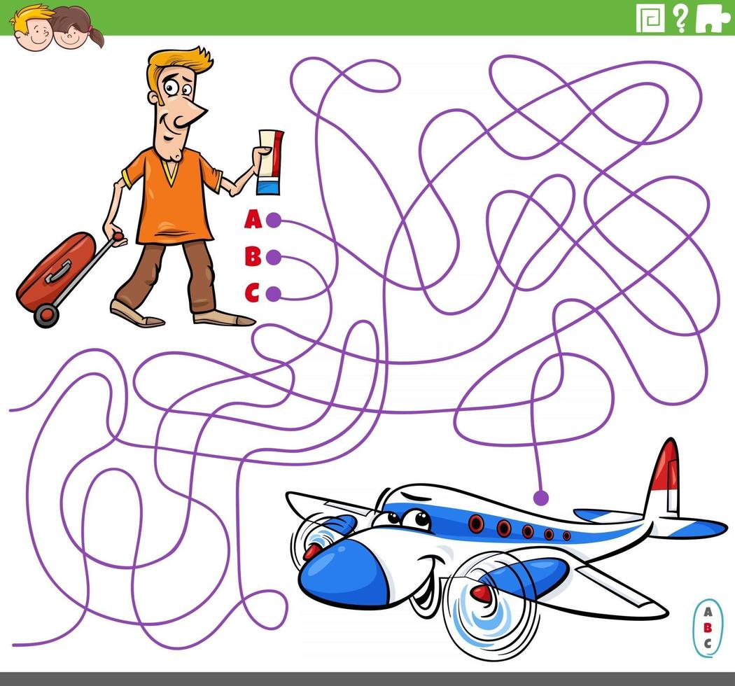 jeu de labyrinthe éducatif avec homme de bande dessinée et avion vecteur