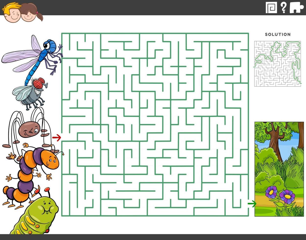 jeu éducatif de labyrinthe avec des insectes de dessins animés et une prairie vecteur