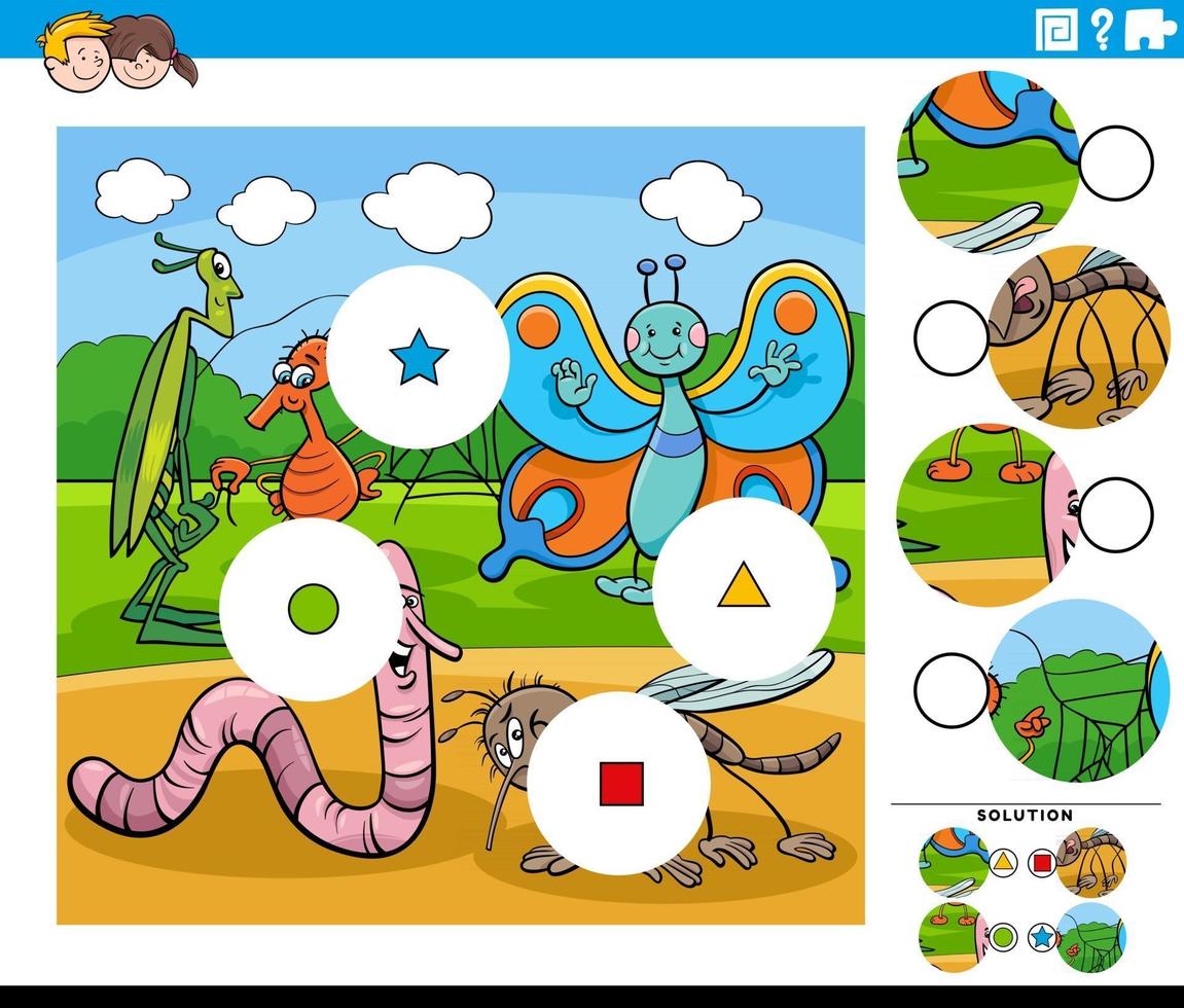 match de pièces avec des personnages d'insectes de dessins animés vecteur