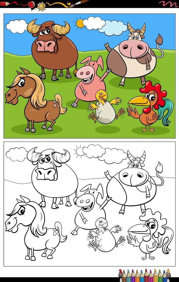 Page de livre de coloriage de groupe de personnages de dessin animé animaux de ferme vecteur