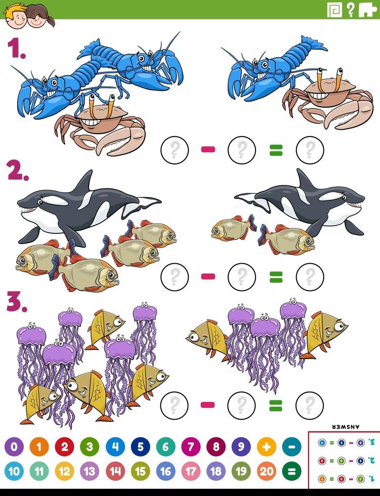 tâche éducative de soustraction avec des animaux marins de dessin animé vecteur