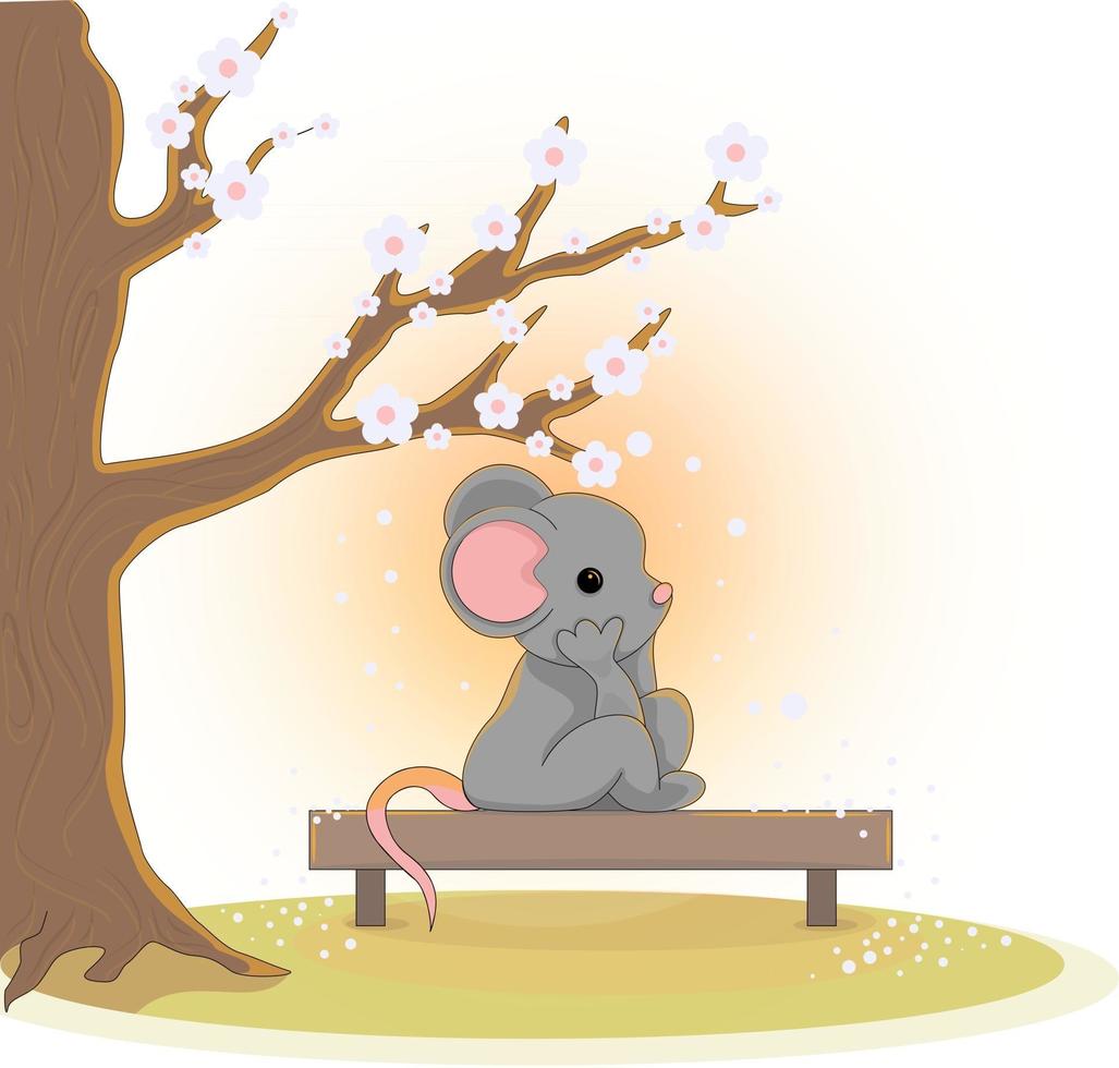 Image vectorielle d'une souris assise sous un arbre en fleurs sur un banc vecteur