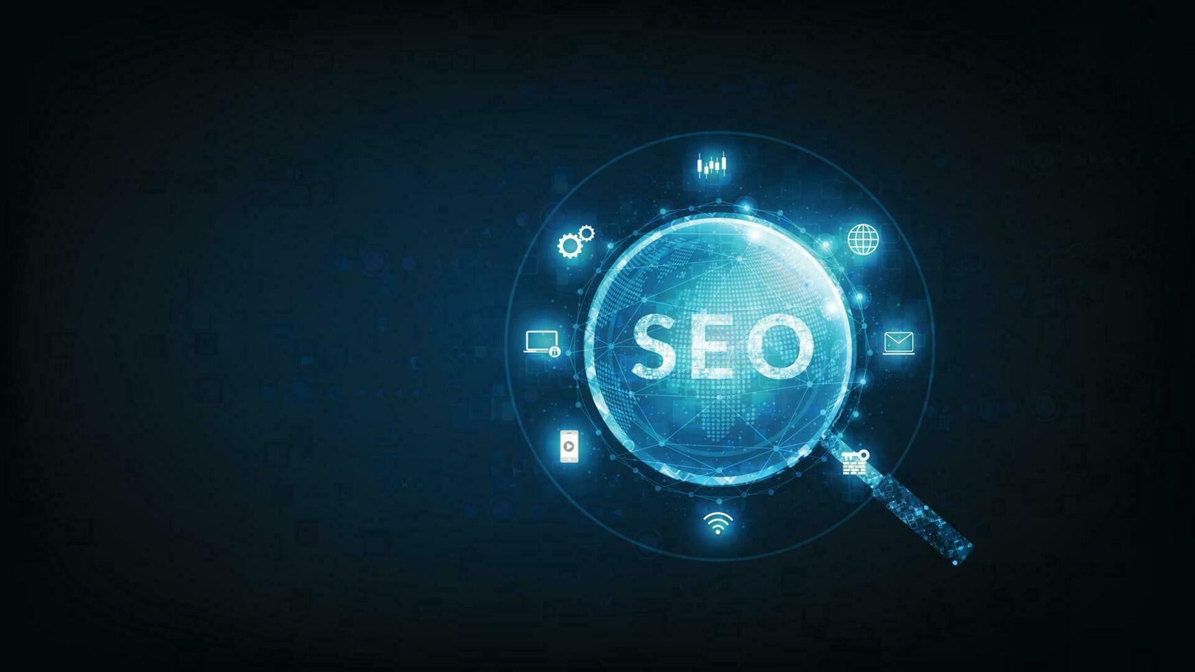 seo chercher moteur optimisation. l'Internet La technologie pour affaires entreprises. chercher moteur optimisation seo concept sur foncé bleu Contexte. vecteur