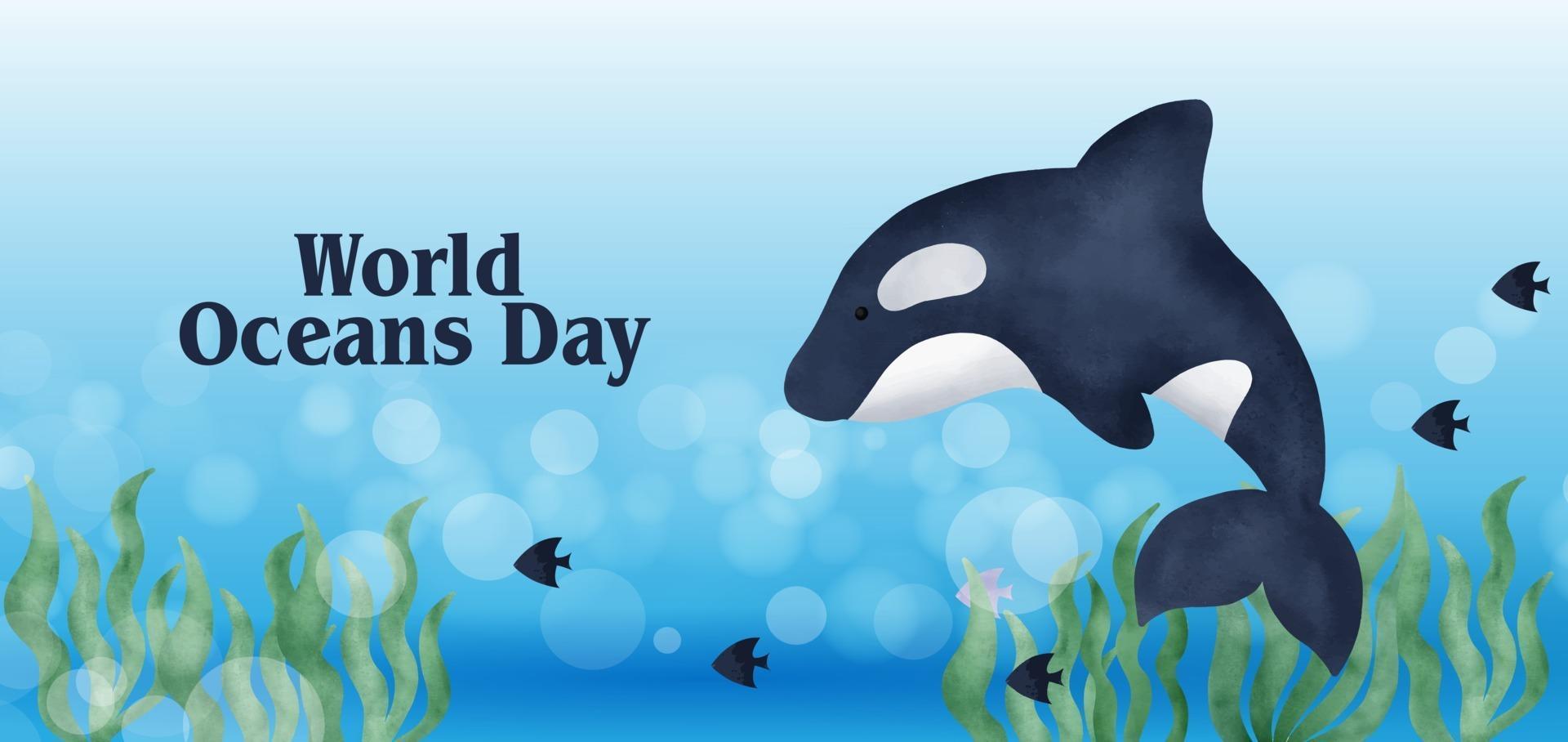 bannière de la journée mondiale des océans avec un dauphin mignon dans un style aquarelle vecteur