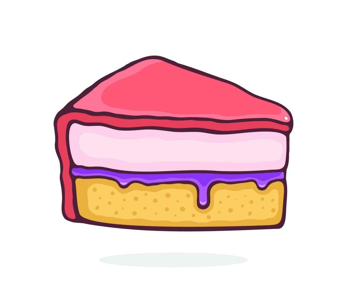 dessin animé illustration de une pièce de gâteau avec rose glaçage crème fondant et confiture vecteur