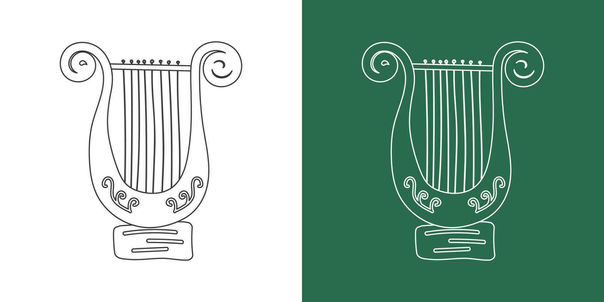 lyre ligne dessin dessin animé style. chaîne instrument lyre clipart dessin dans linéaire style isolé sur blanc et tableau noir Contexte. musical instrument clipart concept, vecteur conception