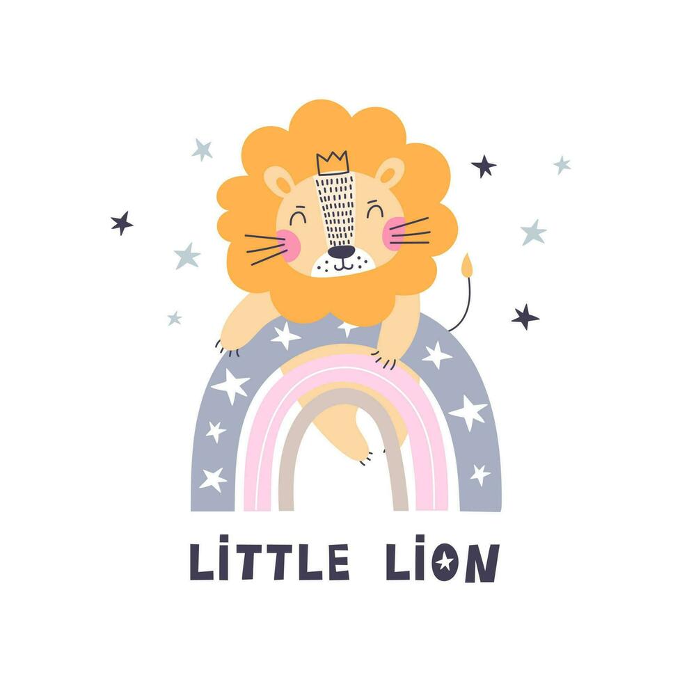 impression avec mignonne Lion sur arc-en-ciel. vecteur illustration.