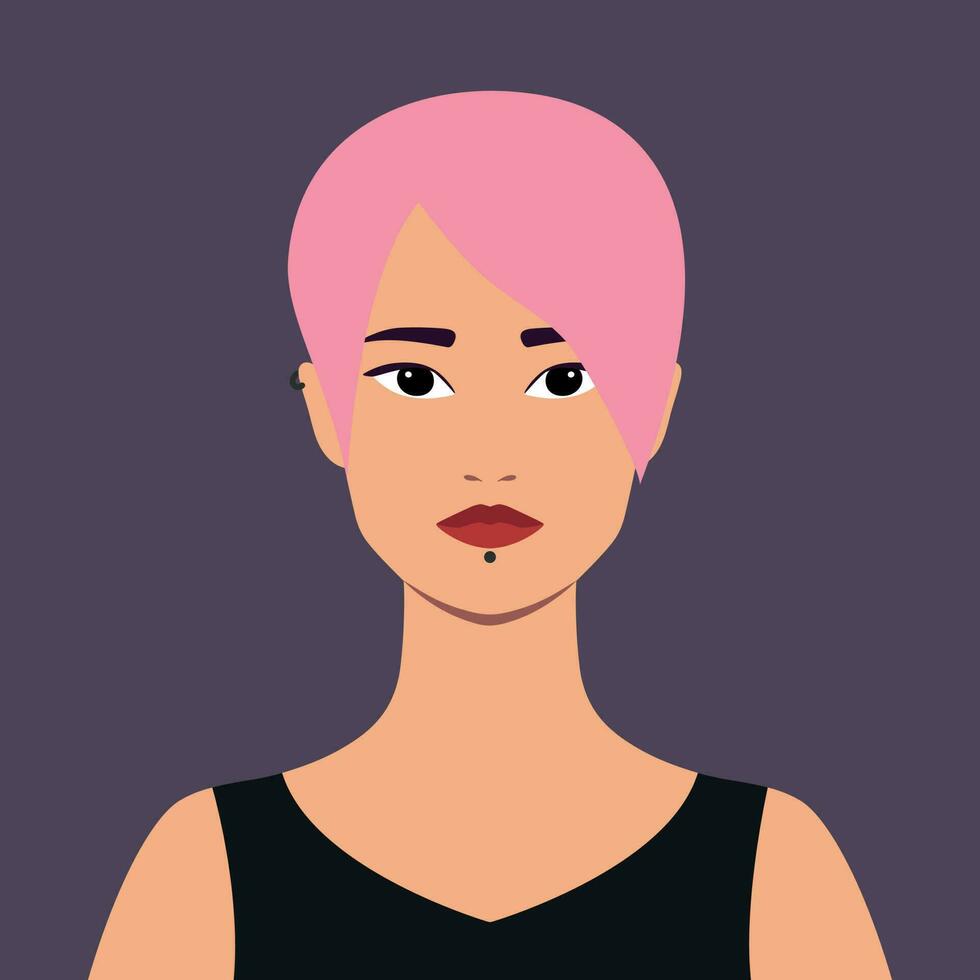 portrait de une magnifique informel femme avec rose cheveux et perçant. avatar pour social médias. abstrait femelle portrait dans plat style vecteur