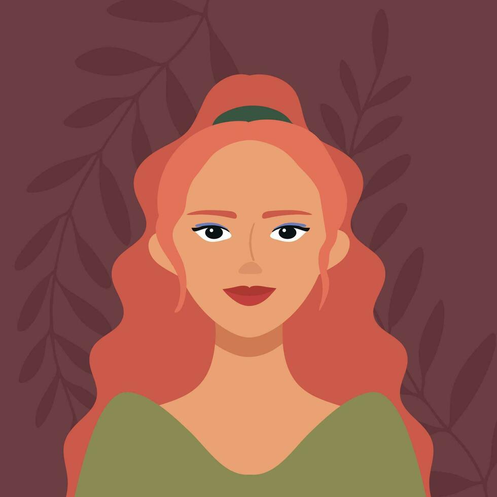 portrait de une Jeune femme avec longue rouge cheveux sur botanique contour Contexte. avatar pour social médias. femelle portrait avec une haute coiffure vecteur