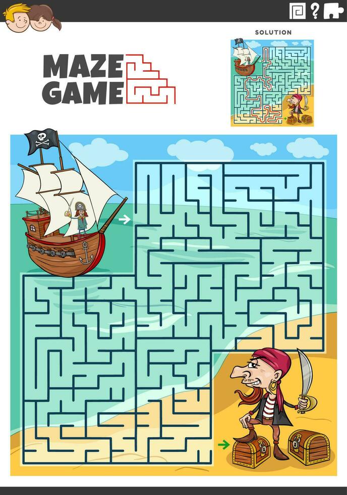 Labyrinthe Jeu activité avec dessin animé pirate fantaisie personnages vecteur