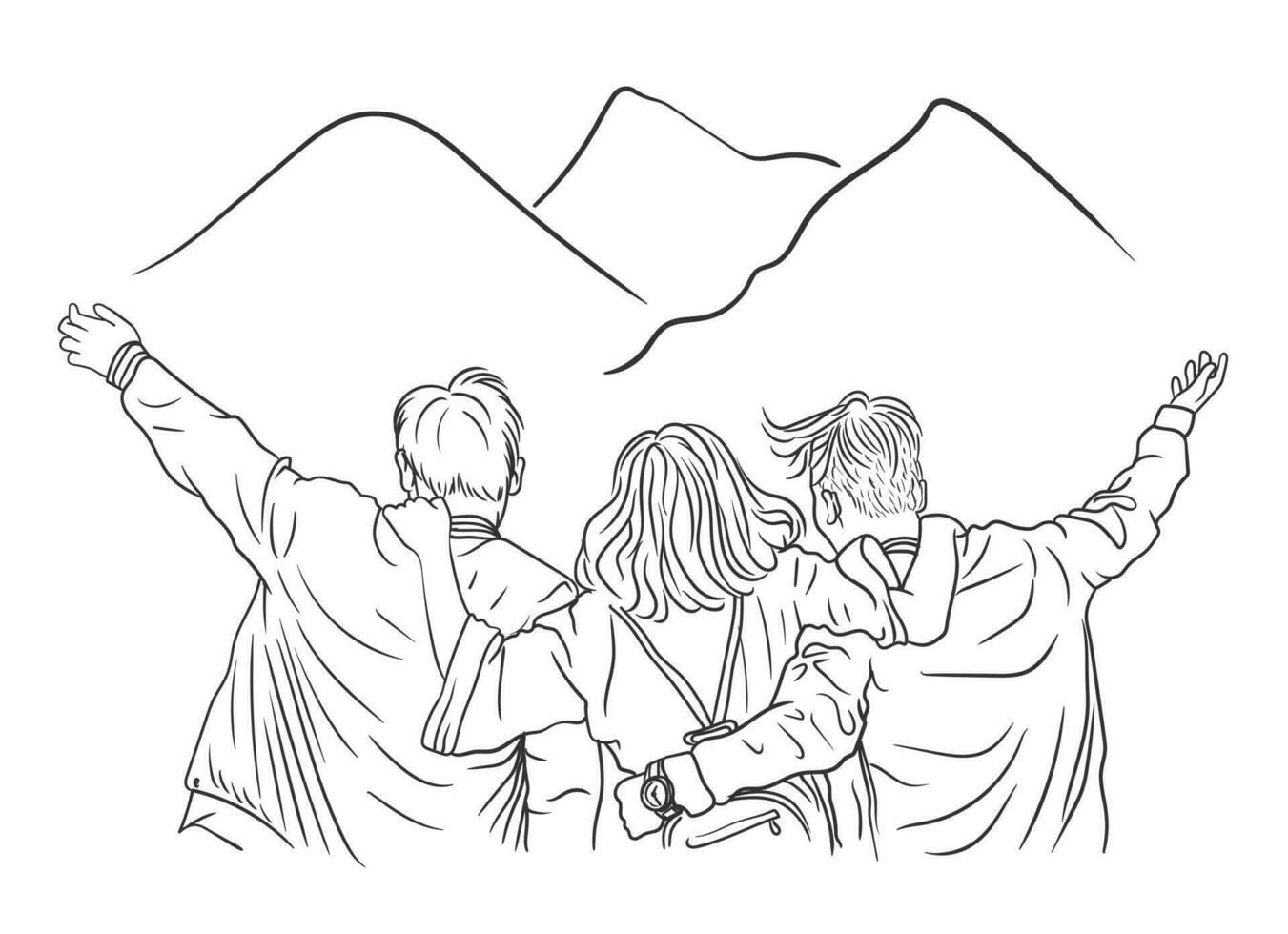 groupe de Trois homme et femme copains applaudissement Extérieur aventure, permanent et profiter le colline voir, Naturel magnifique Montagne paysage ligne art vecteur illustration