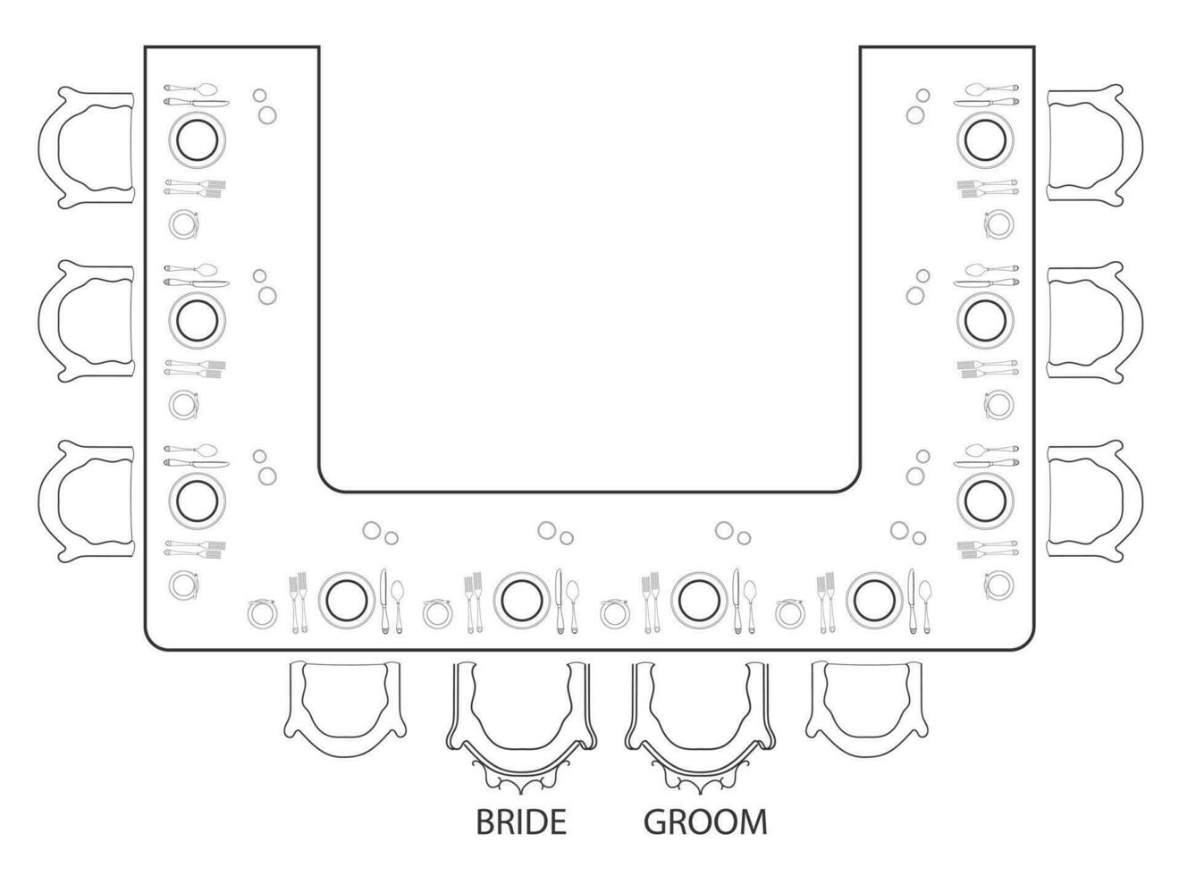 mariage table placement concept avec assiettes, cuillère, fourchette, chaise, 2d vecteur conception idée