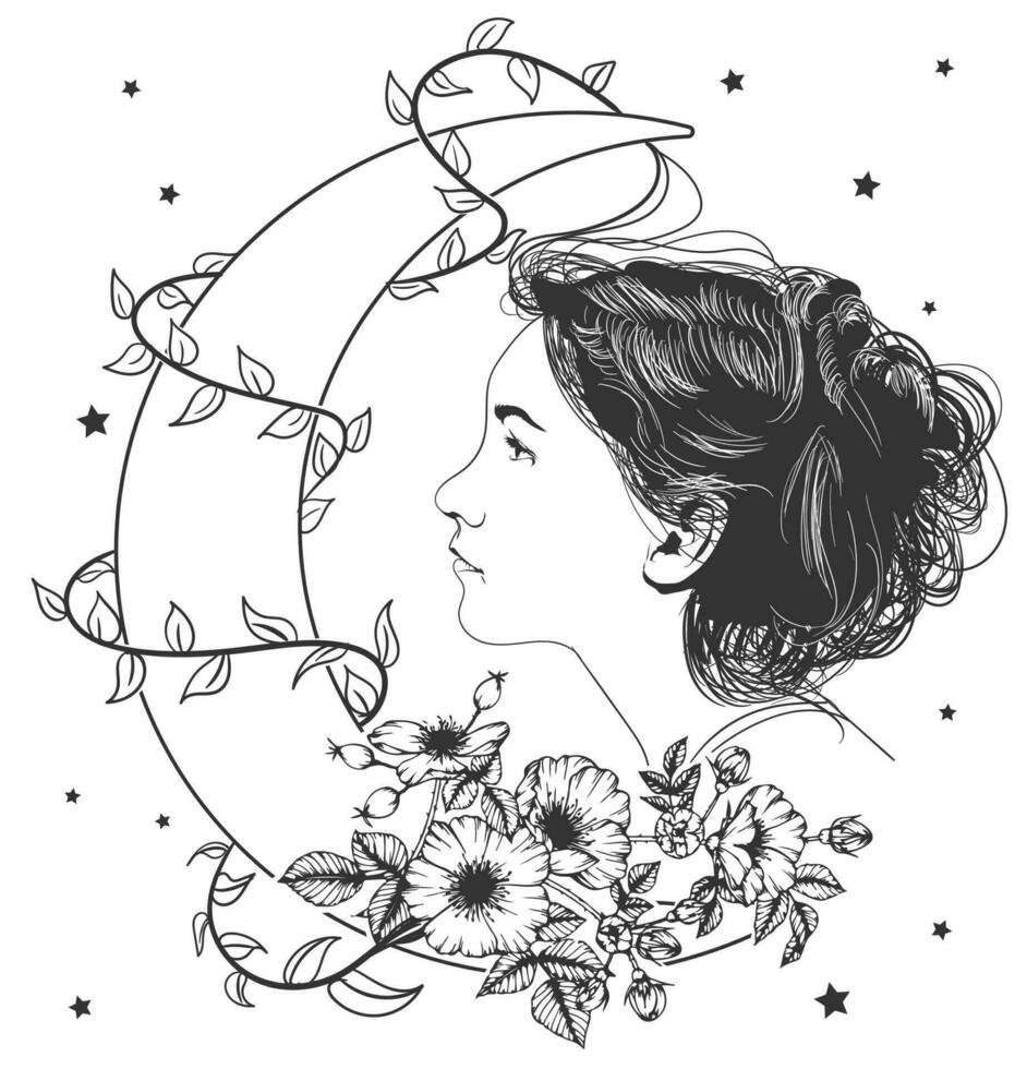 Jeune fille avec désordonné cheveux chignon et décoratif fleurs regarder à le lune couvert avec le arbre feuilles ligne art détaillé vecteur dessin