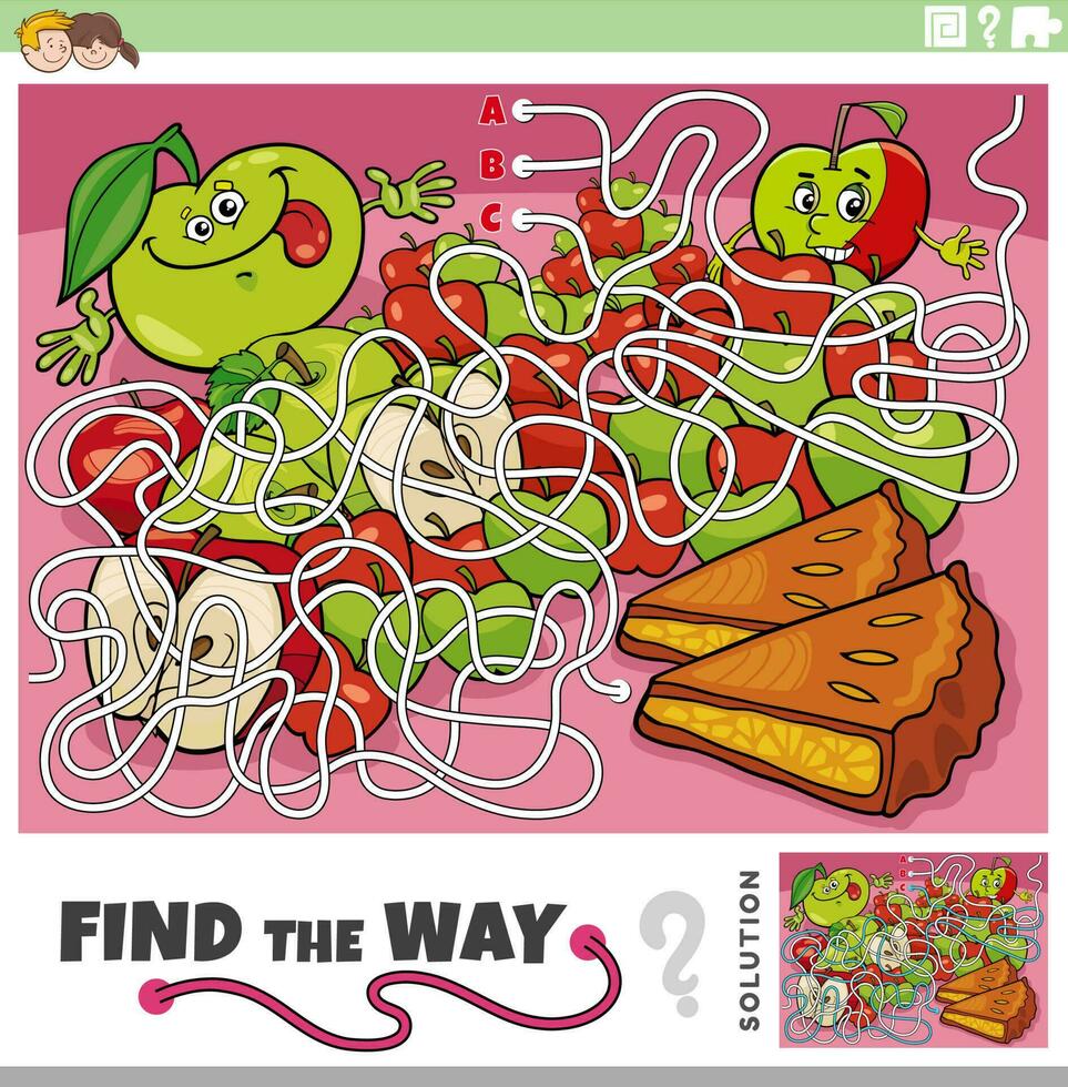 trouver le façon Labyrinthe Jeu avec dessin animé Pomme et Pomme tarte vecteur