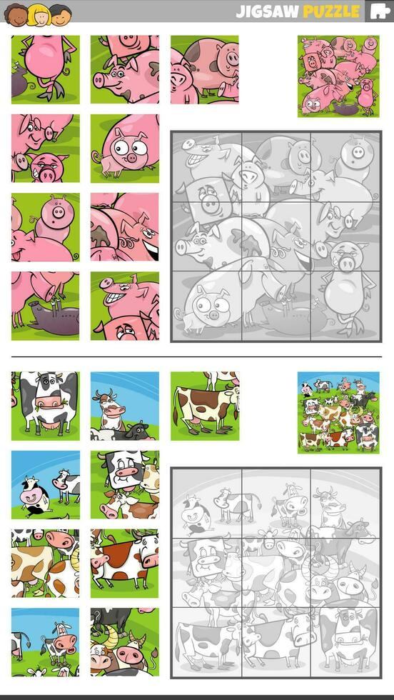 scie sauteuse puzzle Activités ensemble avec dessin animé les cochons et vaches vecteur