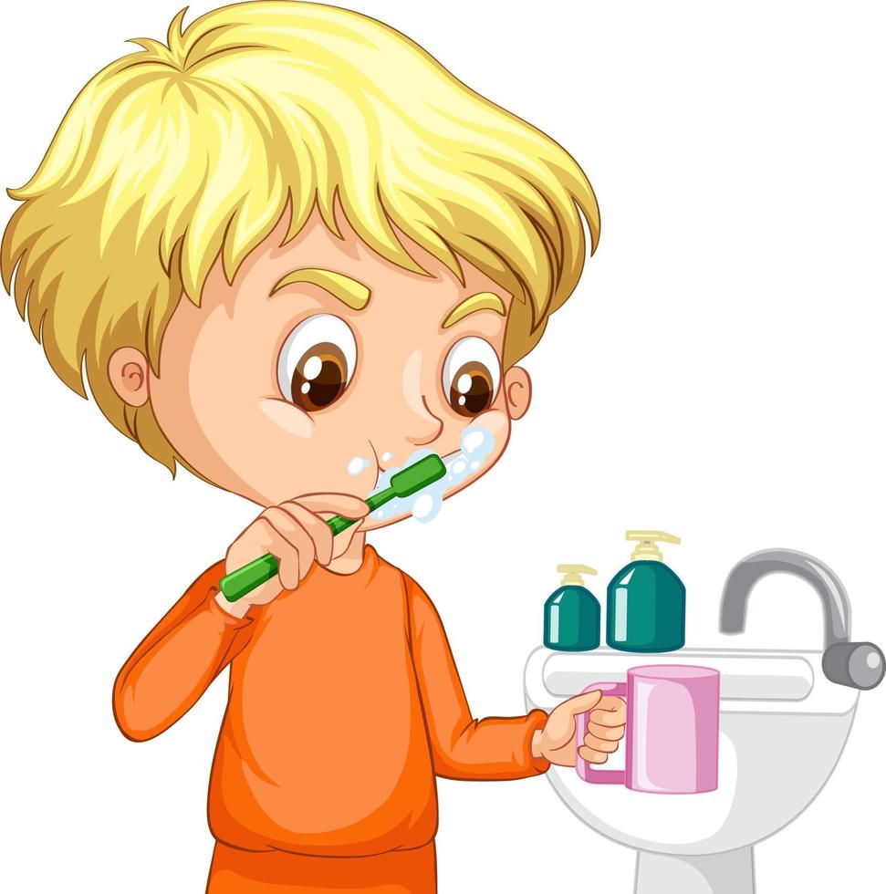 personnage de dessin animé de garçon se brosser les dents avec évier vecteur