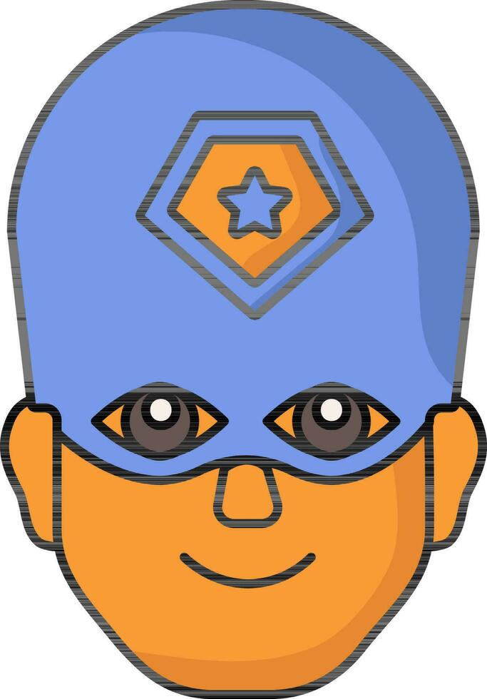 Orange et bleu super-héros casque portant homme visage icône dans plat style. vecteur