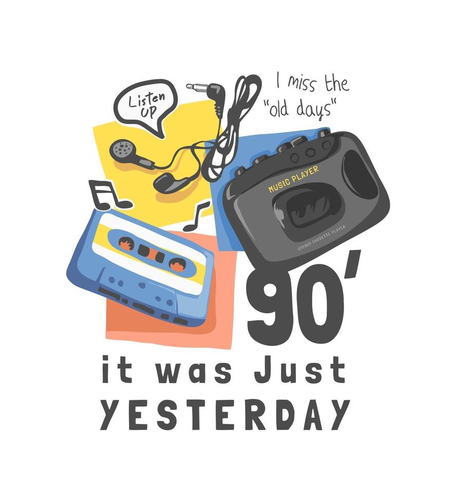 slogan de typographie avec cassette et illustration de lecteur de musique vintage vecteur