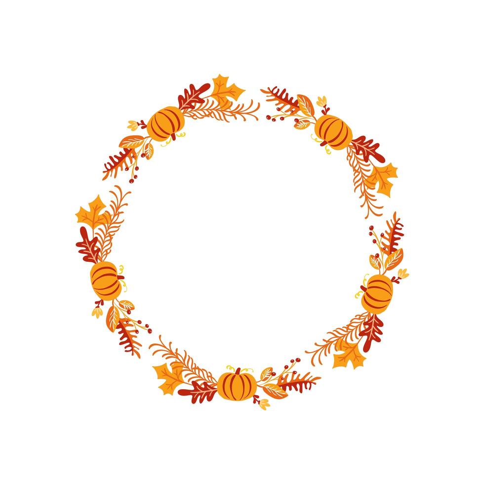 Couronne de bouquet automne cadre vectoriel. feuilles d'oranger, baies et citrouille isolés sur fond blanc avec place pour le texte. parfait pour les vacances saisonnières, jour de Thanksgiving vecteur