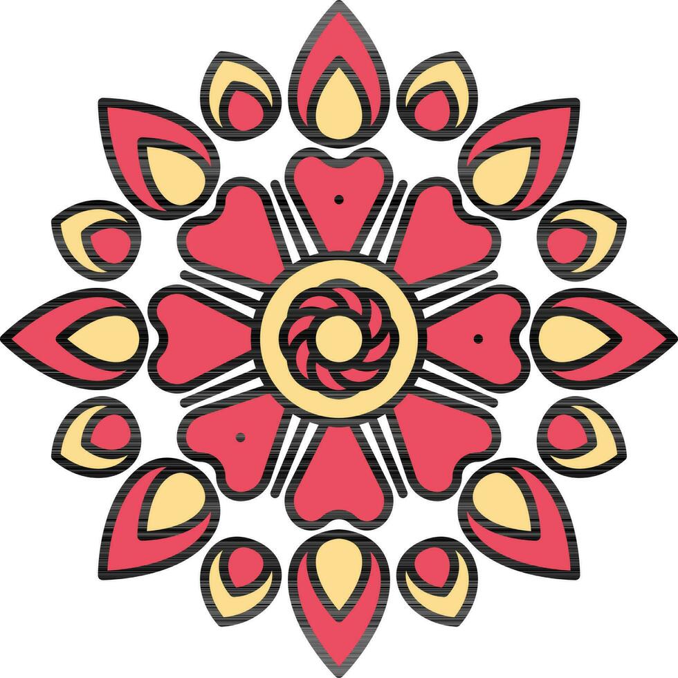 Jaune et rouge cœur mandala fleur plat icône ou symbole. vecteur