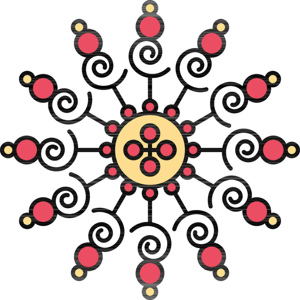 Jaune et rouge frisé mandala fleur icône ou symbole. vecteur