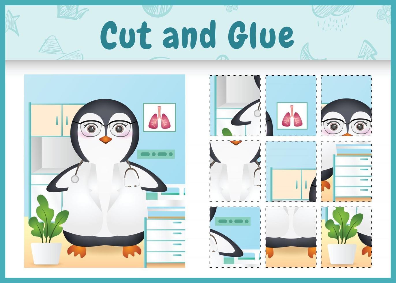 jeu de société pour enfants coupé et collé avec une illustration de personnage de médecin pingouin mignon vecteur