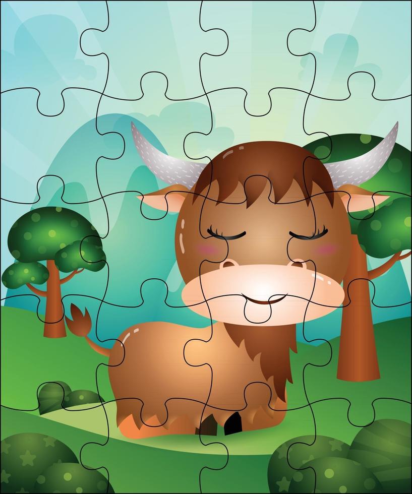 illustration de jeu de puzzle pour les enfants avec un buffle mignon vecteur