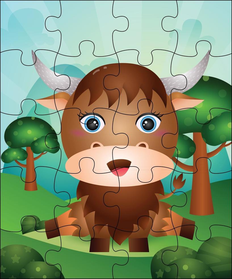 illustration de jeu de puzzle pour les enfants avec un buffle mignon vecteur