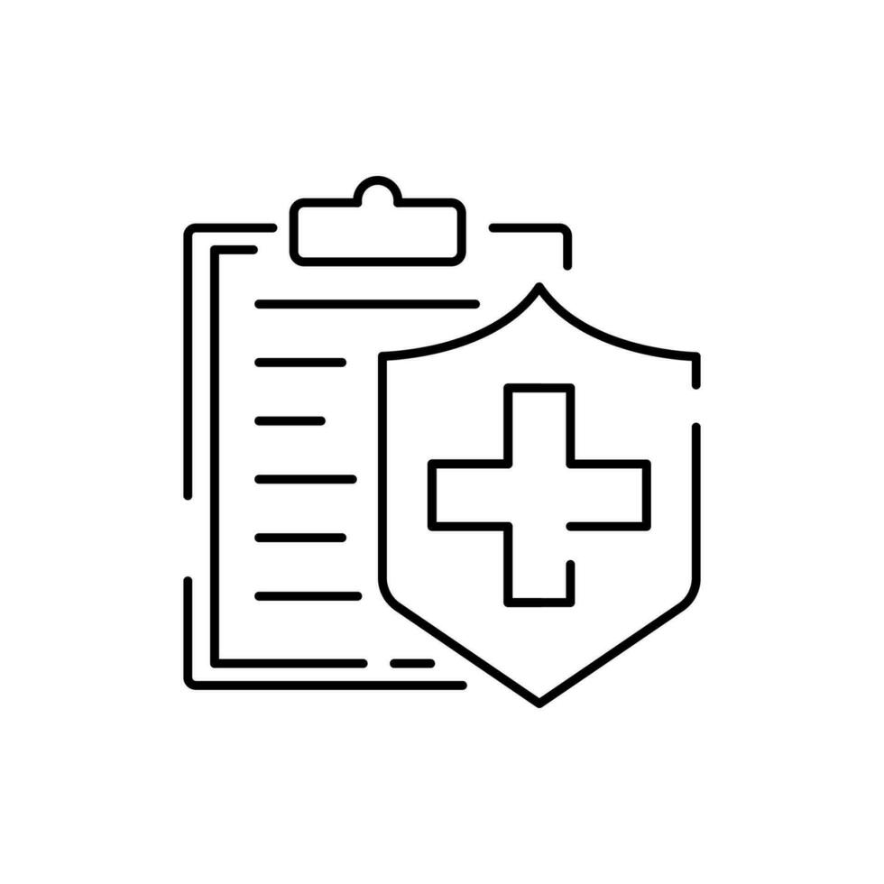 médical Assurance politique concept logo, médicament carte, vérifier en haut agrafe conseil, suite de prestations de service, vecteur ligne icône. enregistrer et protéger.