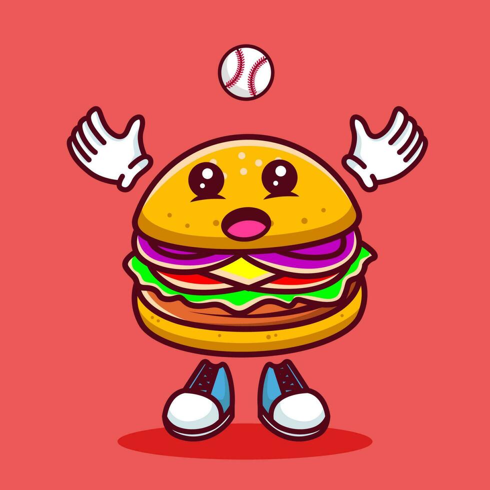 vecteur illustration de kawaii Burger dessin animé personnage avec base-ball chauve souris et balle. vecteur eps dix