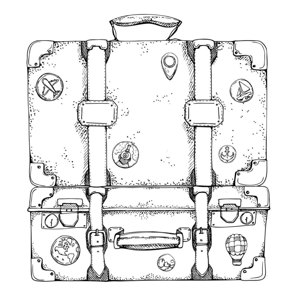 encre main tiré vecteur esquisser. illustration avec ensemble de rétro ancien vieux les valises bagage bagages avec autocollants et clé. conception pour tourisme, voyage, brochure, mariage, guide, imprimer, carte, tatouage.