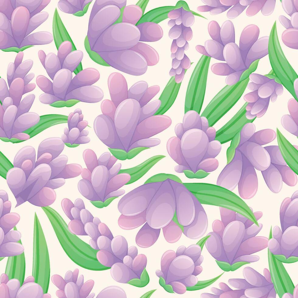 violet brillant bourgeons avec lavande ou lilas pétales avec feuilles. vecteur dessin animé sans couture floral modèle.